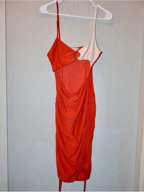 Derek Heart Orange One-Shoulder Draped Dress with Cream Accent
